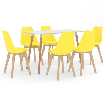 Set mobilier de bucatarie cu 1 masa cu blat alb si 6 scaune cu sezut tapitat, vidaXL, Piele artificiala, 42 x 42 x 81 cm, Galben