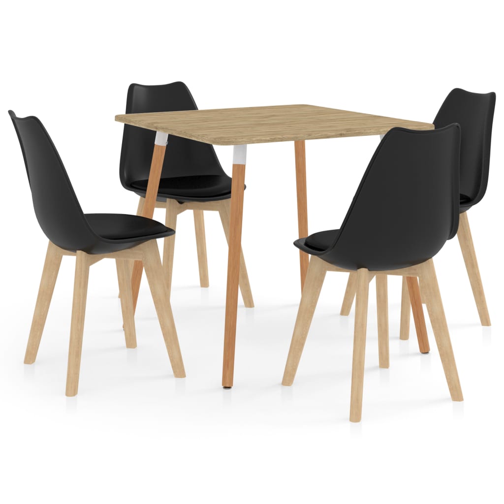 Set de masa de bucatarie cu 4 scaune cu sezut tapitat, vidaXL, Piele artificiala, 80 x 80 x 75 cm, Negru
