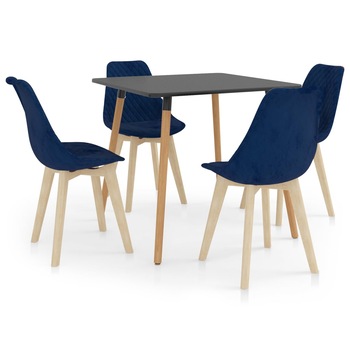 Set de masa de bucatarie cu blat gri si 4 scaune tapitate cu catifea, vidaXL, Catifea, 49 x 57 x 82 cm, Albastru