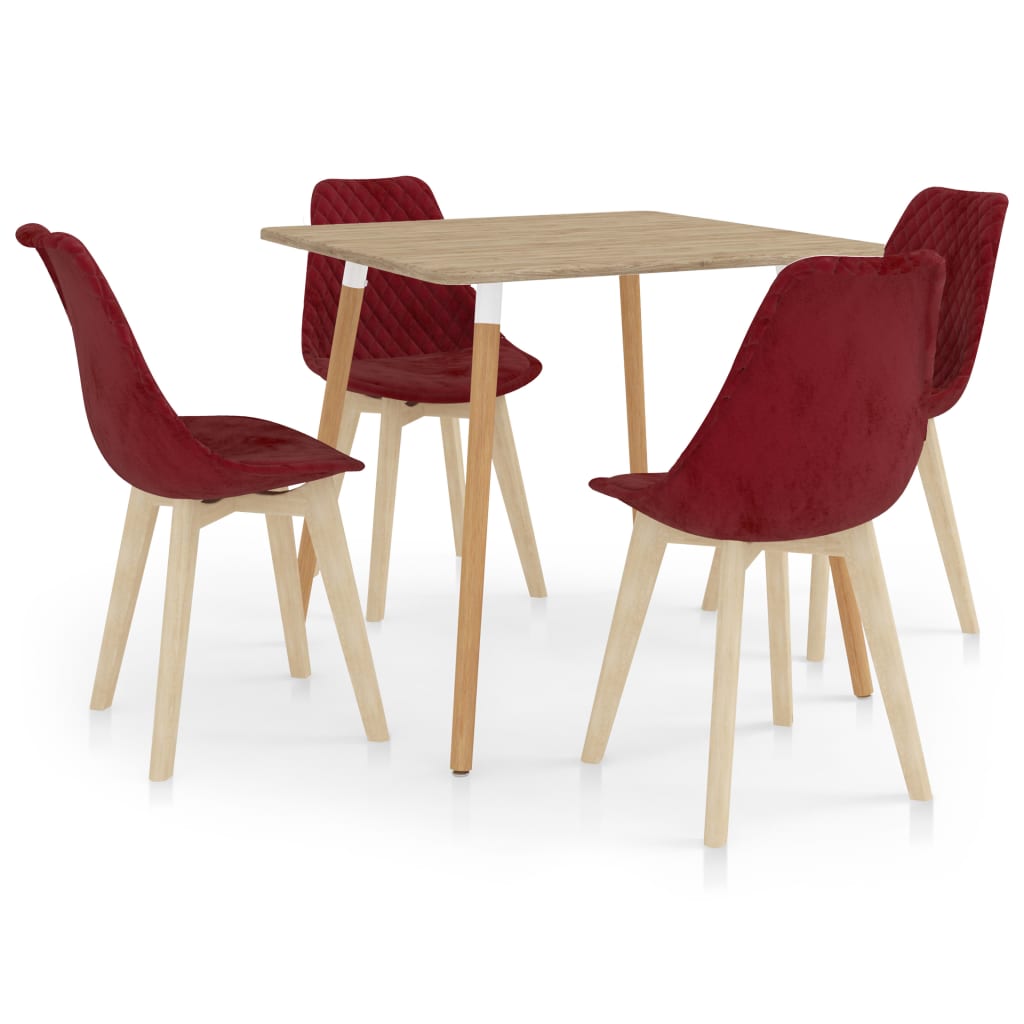 Set de masa de bucatarie cu 4 scaune tapitate cu catifea, vidaXL, Catifea, 80 x 80 x 75 cm, Rosu bordo