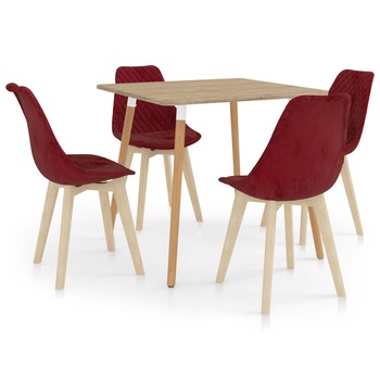 Set de masa de bucatarie cu 4 scaune tapitate cu catifea, vidaXL, Catifea, 80 x 80 x 75 cm, Rosu bordo