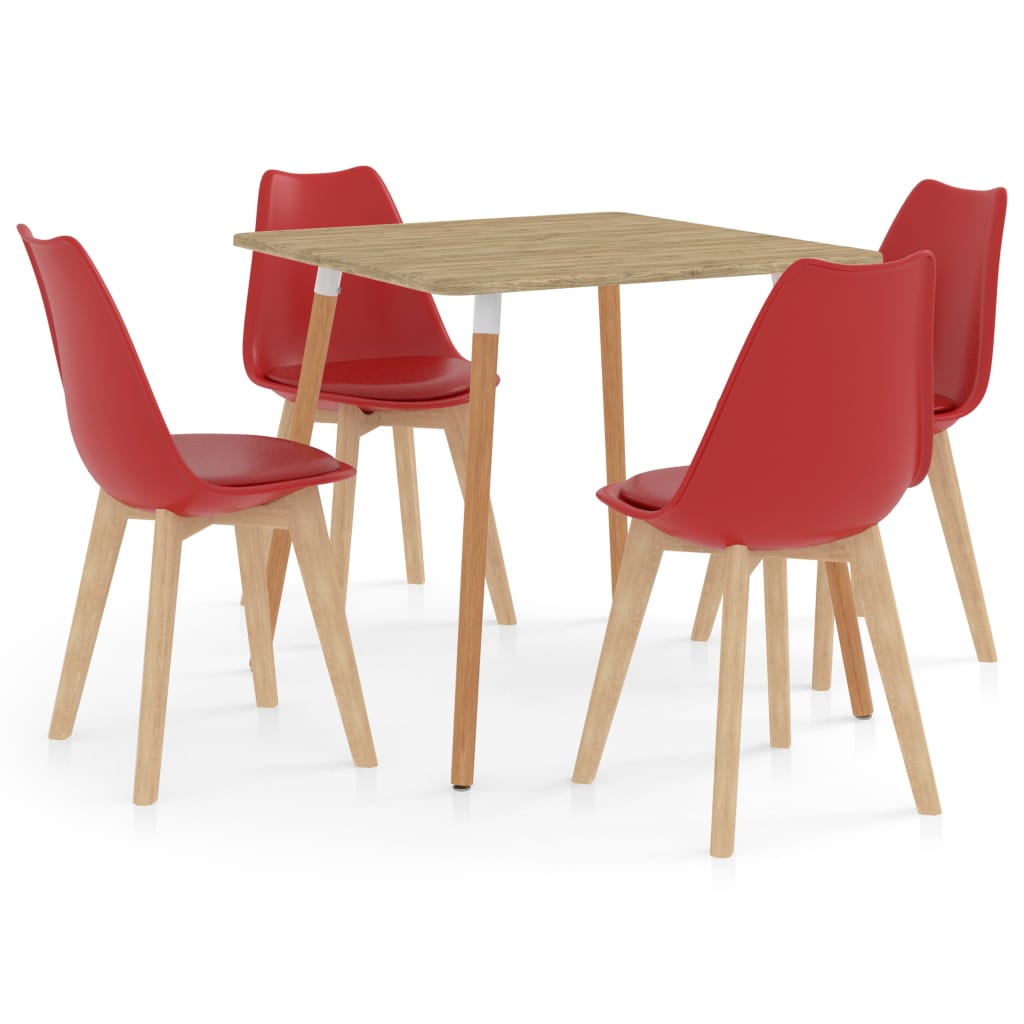 Set de masa de bucatarie cu 4 scaune cu sezut tapitat, vidaXL, Piele artificiala, 80 x 80 x 75 cm, Rosu