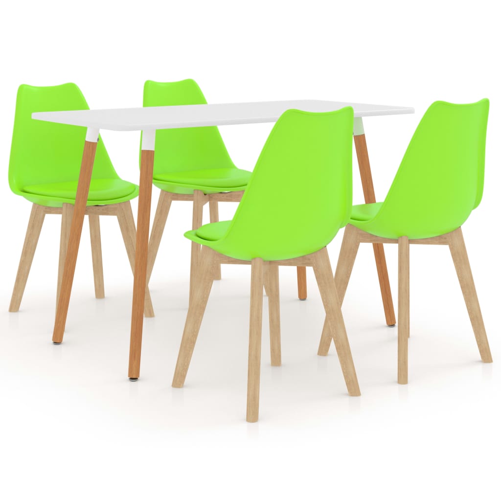 Set de masa de bucatarie cu blat alb si 4 scaune cu sezut tapitat, vidaXL, Piele artificiala, 42 x 42 x 81 cm, Verde deschis