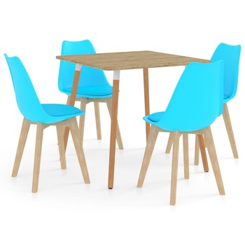 Set de masa de bucatarie cu 4 scaune cu sezut tapitat, vidaXL, Piele artificiala, 80 x 80 x 75 cm, Albastru deschis