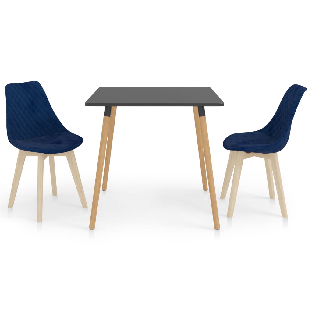 Set de masa de bucatarie cu blat gri si 2 scaune tapitate cu catifea, vidaXL, Catifea, 80 x 80 x 75cm, Albastru