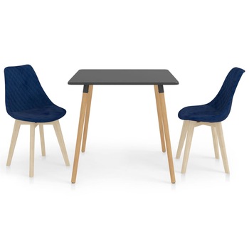 Set de masa de bucatarie cu blat gri si 2 scaune tapitate cu catifea, vidaXL, Catifea, 80 x 80 x 75cm, Albastru Set de masa de bucatarie cu blat gri si 2 scaune tapitate cu catifea, vidaXL, Catifea, 80 x 80 x 75cm, Albastru