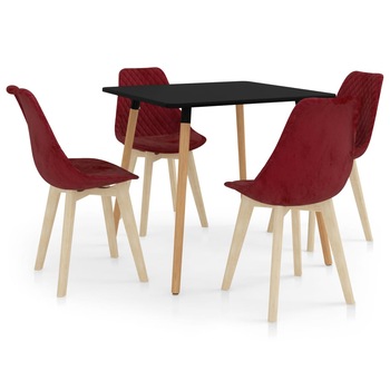 Set de masa de bucatarie cu blat negru si 4 scaune tapitate cu catifea, vidaXL, Catifea, 80 x 80 x 75 cm, Rosu bordo