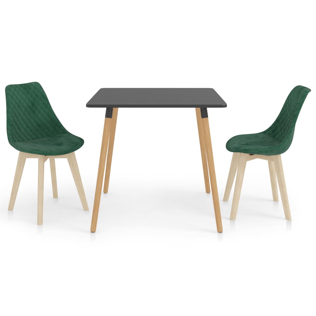 Set de masa de bucatarie cu blat gri si 2 scaune tapitate cu catifea, vidaXL, Catifea, 80 x 80 x 75 cm, Verde inchis