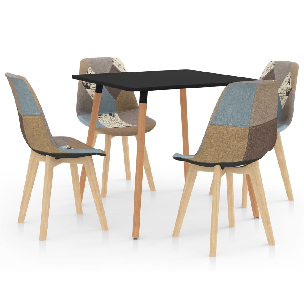 Set de masa de bucatarie cu blat negru si 4 scaune cu model tapitate, vidaXL, Tesatura, 80 x 80 x 75cm, Gri/Albastru