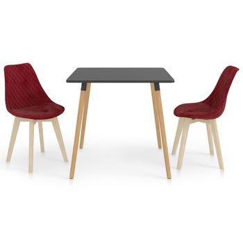 Set de masa de bucatarie cu blat gri si 2 scaune tapitate cu catifea, vidaXL, Catifea, 80 x 80 x 75cm, Rosu bordo Set de masa de bucatarie cu blat gri si 2 scaune tapitate cu catifea, vidaXL, Catifea, 80 x 80 x 75cm, Rosu bordo