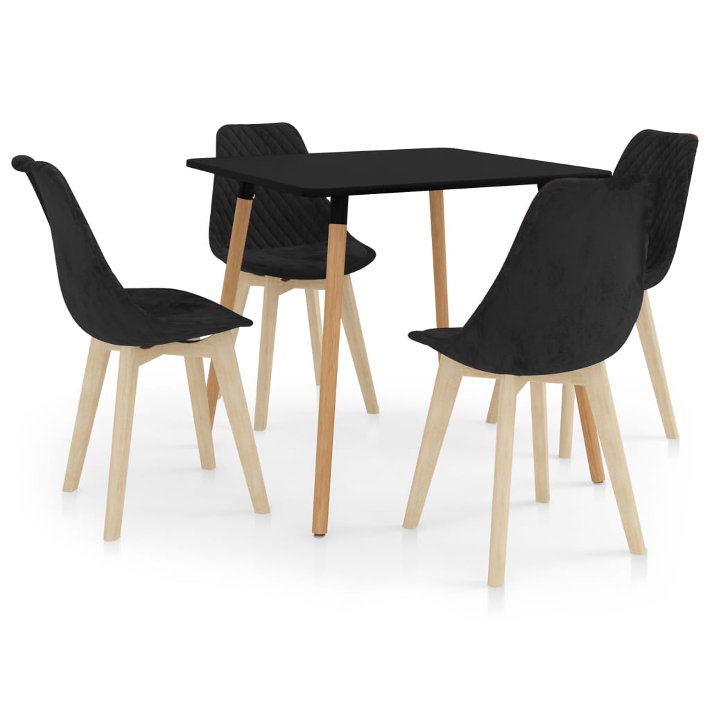 Set de masa de bucatarie cu blat negru si 4 scaune tapitate cu catifea, vidaXL, Catifea, 80 x 80 x 75 cm, Negru