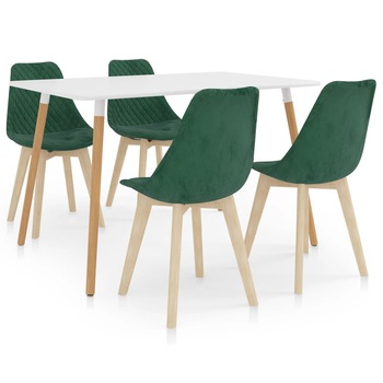 Set de masa de bucatarie cu blat alb si 4 scaune tapitate cu catifea, vidaXL, Catifea, 49 x 57 x 82 cm, Verde inchis