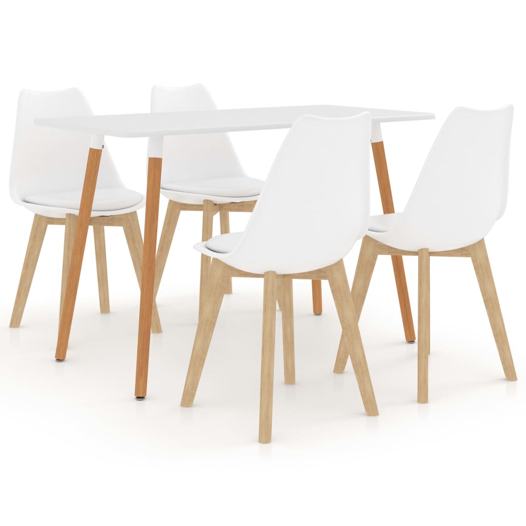 Set de masa de bucatarie cu blat alb si 4 scaune cu sezut tapitat, vidaXL, Piele artificiala, 42 x 42 x 81 cm, Alb