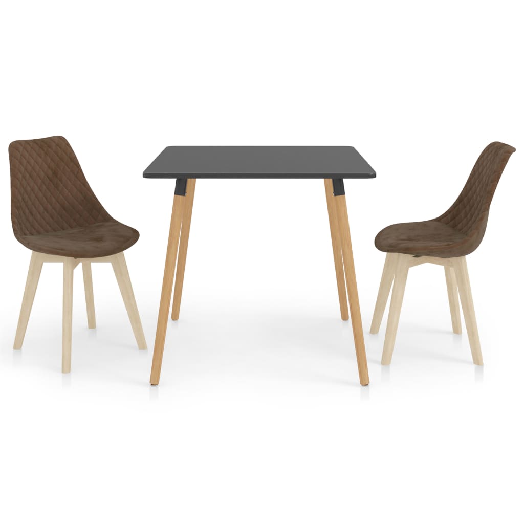 Set de masa de bucatarie cu blat gri si 2 scaune tapitate cu catifea, vidaXL, Catifea, 80 x 80 x 75 cm, Maro