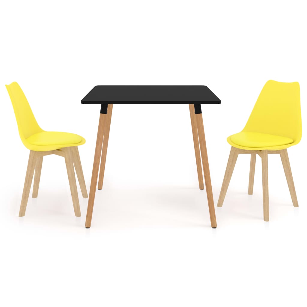 Set de masa de bucatarie cu blat negru si 2 scaune cu sezut tapitat, vidaXL, Piele artificiala, 80 x 80 x 75cm, Galben