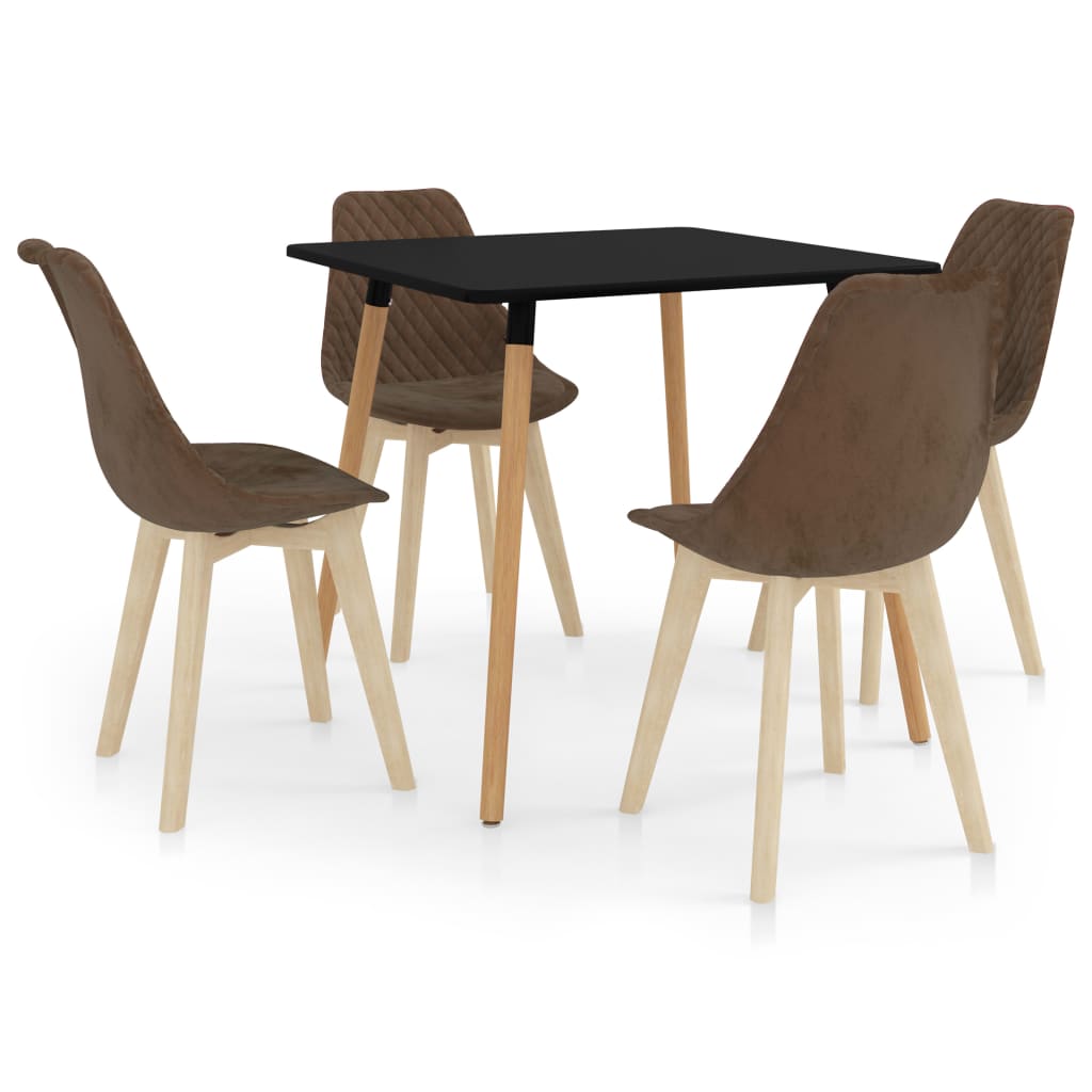 Set de masa de bucatarie cu blat negru si 4 scaune tapitate cu catifea, vidaXL, Catifea, 80 x 80 x 75 cm, Maro