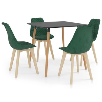 Set de masa de bucatarie cu blat gri si 4 scaune tapitate cu catifea, vidaXL, Catifea, 49 x 57 x 82 cm, Verde inchis