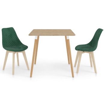 Set de masa de bucatarie cu 2 scaune tapitate cu catifea, vidaXL, Catifea, 80 x 80 x 75 cm, Verde inchis