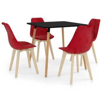 Set de masa de bucatarie cu blat negru si 4 scaune tapitate cu catifea, vidaXL, Catifea, 80 x 80 x 75cm, Rosu Set de masa de bucatarie cu blat negru si 4 scaune tapitate cu catifea, vidaXL, Catifea, 80 x 80 x 75cm, Rosu
