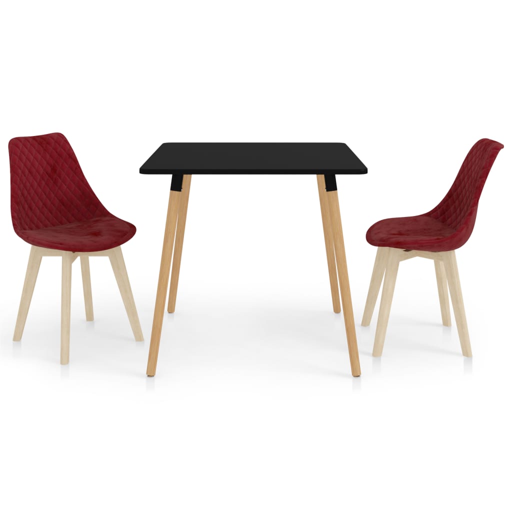 Set de masa de bucatarie cu blat negru si 2 scaune tapitate cu catifea, vidaXL, Catifea, 80 x 80 x 75 cm, Rosu