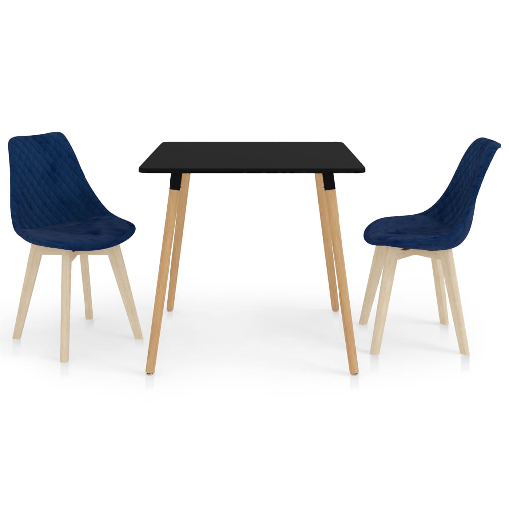 Set de masa de bucatarie cu blat negru si 2 scaune tapitate cu catifea, vidaXL, Catifea, 80 x 80 x 75 cm, Albastru