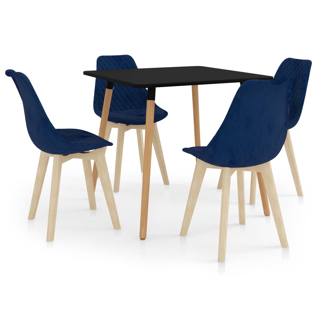 Set de masa de bucatarie cu blat negru si 4 scaune tapitate cu catifea, vidaXL, Catifea, 80 x 80 x 75cm, Albastru