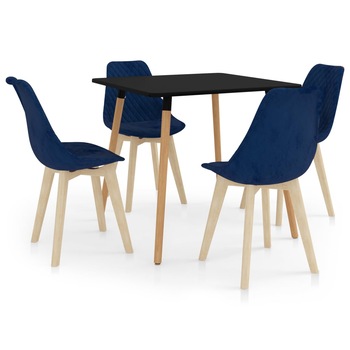 Set de masa de bucatarie cu blat negru si 4 scaune tapitate cu catifea, vidaXL, Catifea, 80 x 80 x 75cm, Albastru Set de masa de bucatarie cu blat negru si 4 scaune tapitate cu catifea, vidaXL, Catifea, 80 x 80 x 75cm, Albastru