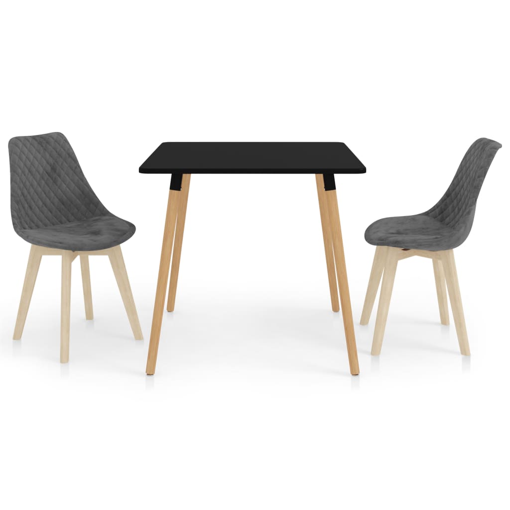 Set de masa de bucatarie cu blat negru si 2 scaune tapitate cu catifea, vidaXL, Catifea, 80 x 80 x 75 cm, Gri