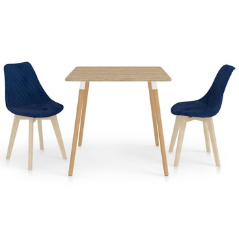 Set de masa de bucatarie cu 2 scaune tapitate cu catifea, vidaXL, Catifea, 80 x 80 x 75 cm, Albastru