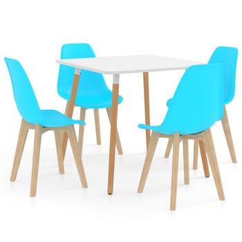 Set mobilier de bucatarie cu 1 masa cu blat alb si 4 scaune, vidaXL, Plastic, 80 x 80 x 75 cm, Albastru deschis Set mobilier de bucatarie cu 1 masa cu blat alb si 4 scaune, vidaXL, Plastic, 80 x 80 x 75 cm, Albastru deschis