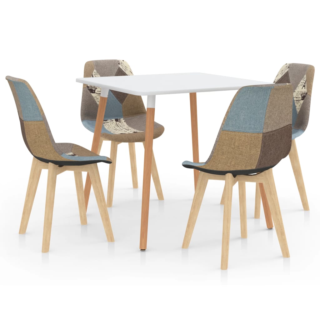 Set de masa de bucatarie cu blat alb si 4 scaune cu model tapitate, vidaXL, Tesatura, 80 x 80 x 75 cm, Gri/Albastru