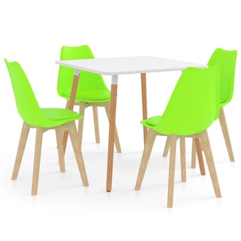 Set de masa de bucatarie cu blat alb si 4 scaune cu sezut tapitat, vidaXL, Piele artificiala, 80 x 80 x 75 cm, Verde deschis