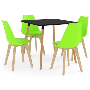 Set de masa de bucatarie cu blat negru si 4 scaune cu sezut tapitat, vidaXL, Piele artificiala, 80 x 80 x 75 cm, Verde deschis