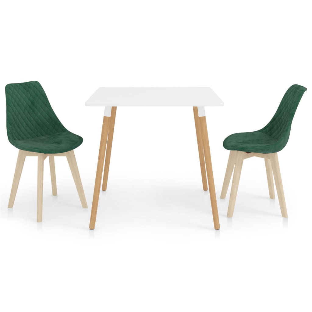 Set de masa de bucatarie cu blat alb si 2 scaune tapitate cu catifea, vidaXL, Catifea, 80 x 80 x 75cm, Verde inchis