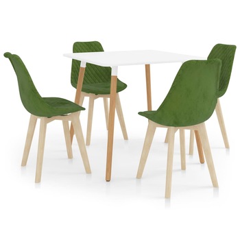 Set de masa de bucatarie cu blat alb si 4 scaune tapitate cu catifea, vidaXL, Catifea, 80 x 80 x 75cm, Verde deschise Set de masa de bucatarie cu blat alb si 4 scaune tapitate cu catifea, vidaXL, Catifea, 80 x 80 x 75cm, Verde deschise