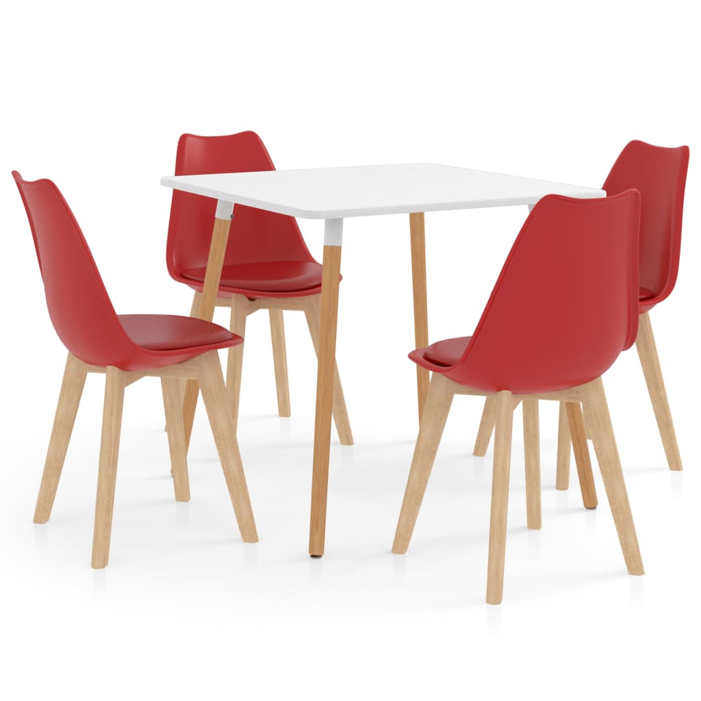 Set de masa de bucatarie cu blat alb si 4 scaune cu sezut tapitat, vidaXL, Piele artificiala, 80 x 80 x 75 cm, Rosu