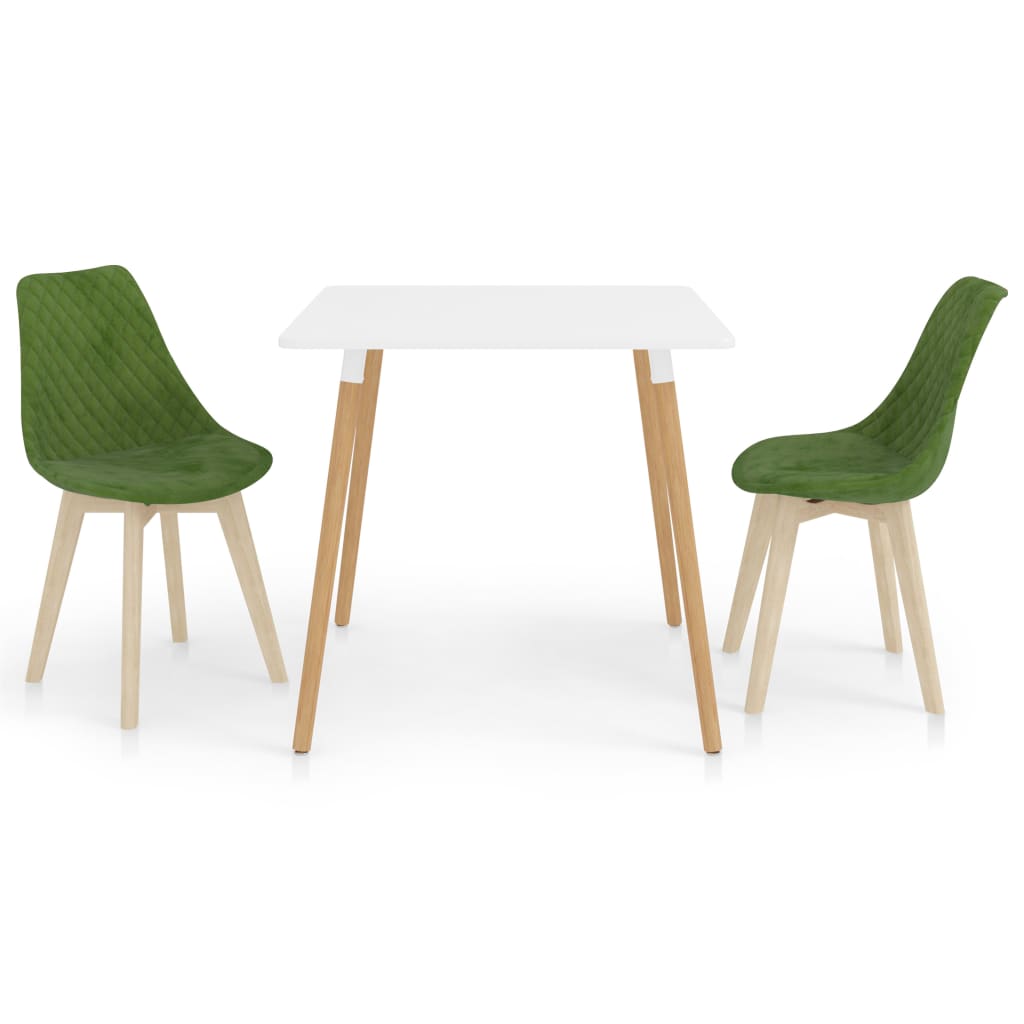 Set de masa de bucatarie cu blat alb si 2 scaune tapitate cu catifea, vidaXL, Catifea, 80 x 80 x 75cm, Verde deschis