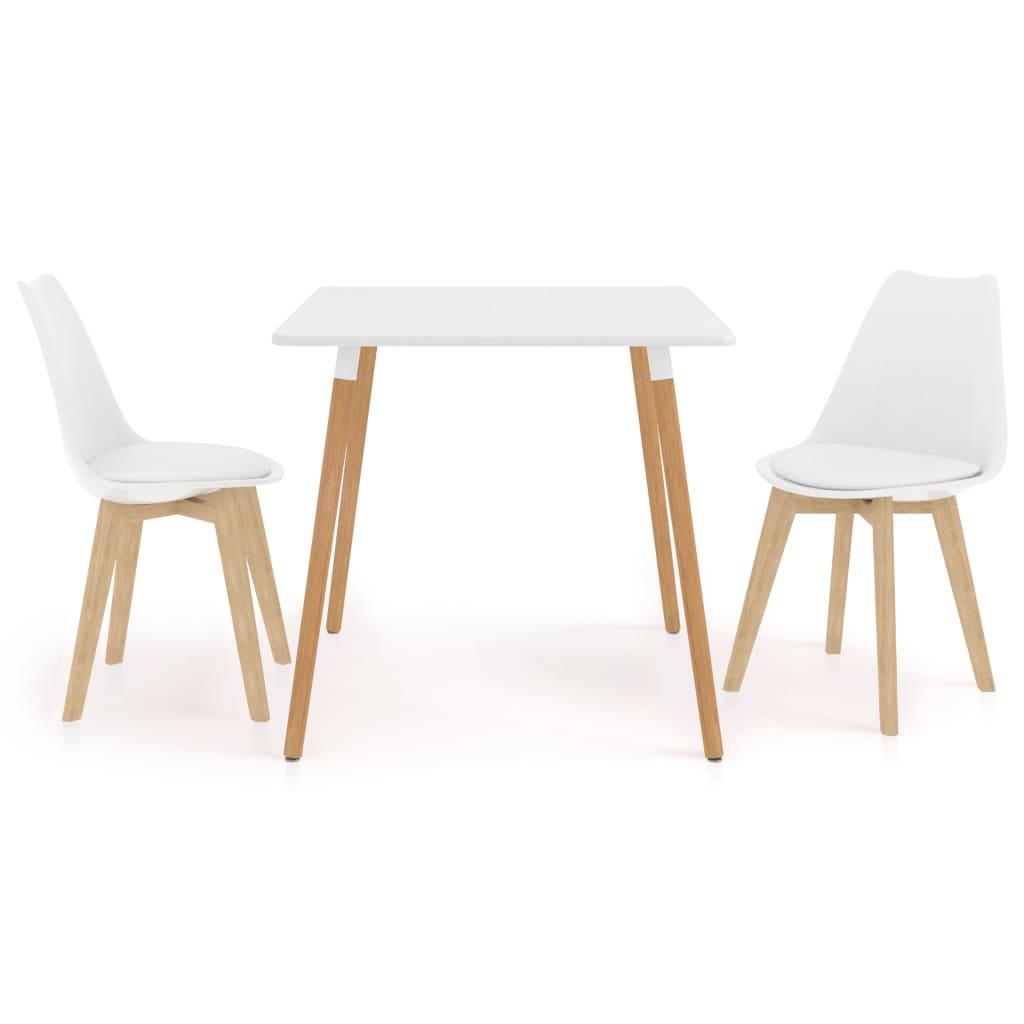 Set de masa de bucatarie cu blat alb si 2 scaune cu sezut tapitat, vidaXL, Piele artificiala, 80 x 80 x 75 cm, Alb