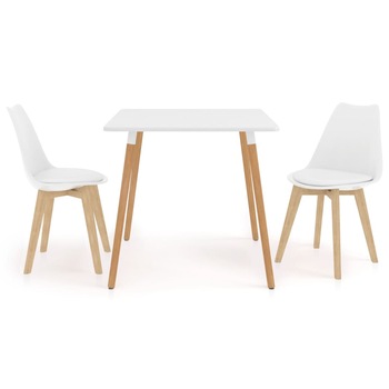 Set de masa de bucatarie cu blat alb si 2 scaune cu sezut tapitat, vidaXL, Piele artificiala, 80 x 80 x 75 cm, Alb