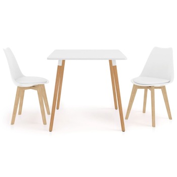 Set de masa de bucatarie cu blat alb si 2 scaune cu sezut tapitat, vidaXL, Piele artificiala, 80 x 80 x 75 cm, Alb Set de masa de bucatarie cu blat alb si 2 scaune cu sezut tapitat, vidaXL, Piele artificiala, 80 x 80 x 75 cm, Alb