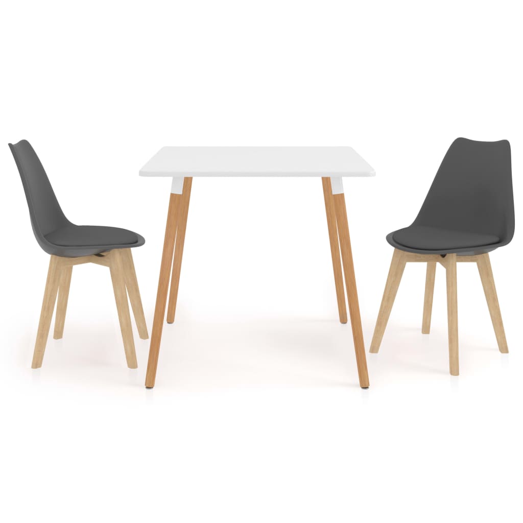Set de masa de bucatarie cu blat alb si 2 scaune cu sezut tapitat, vidaXL, Piele artificiala, 80 x 80 x 75 cm, Gri