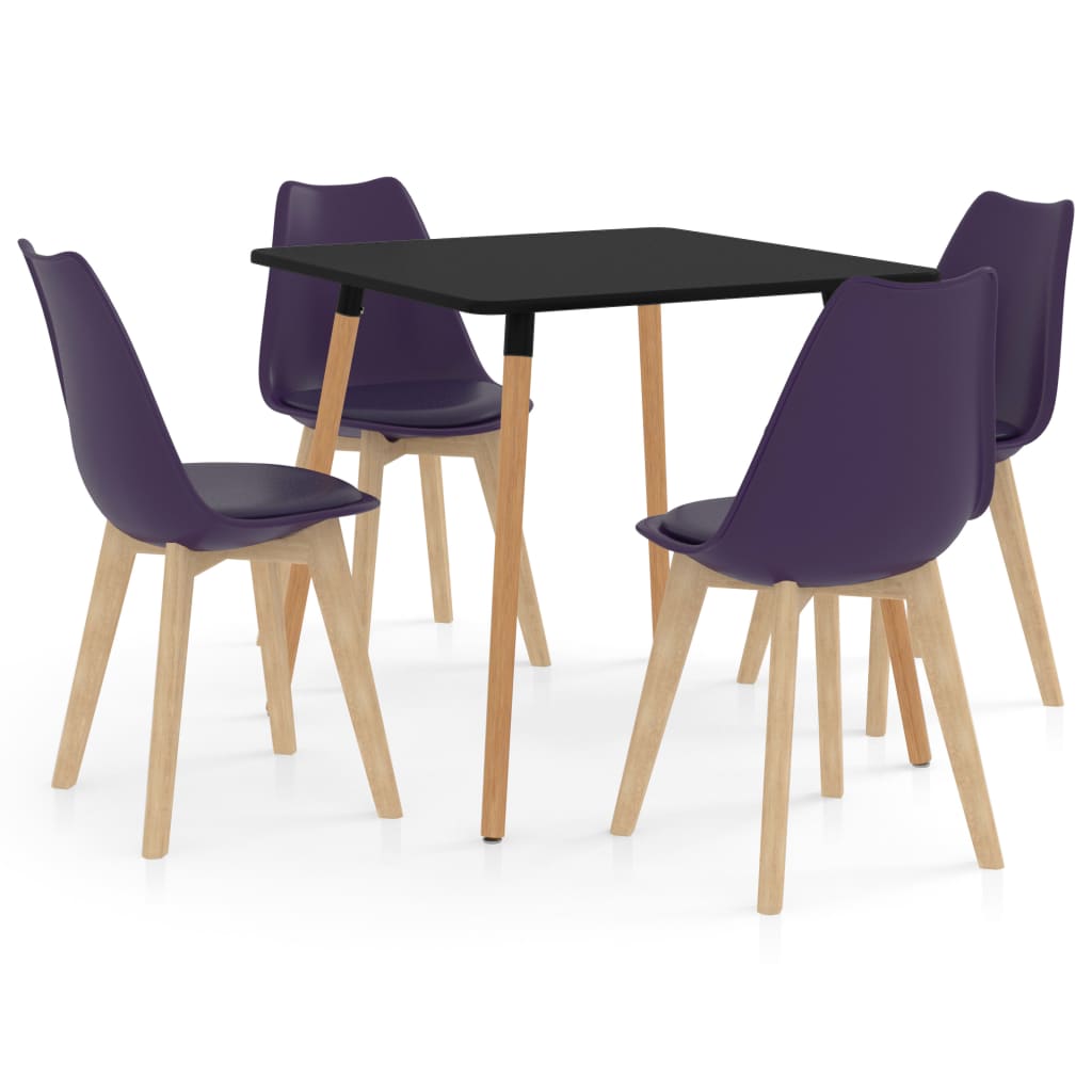 Set de masa de bucatarie cu blat negru si 4 scaune cu sezut tapitat, vidaXL, Piele artificiala, 80 x 80 x 75 cm, Mov