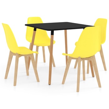 Set mobilier de bucatarie cu 1 masa cu blat negru si 4 scaune, vidaXL, Plastic, 80 x 80 x 75 cm, Galben Set mobilier de bucatarie cu 1 masa cu blat negru si 4 scaune, vidaXL, Plastic, 80 x 80 x 75 cm, Galben