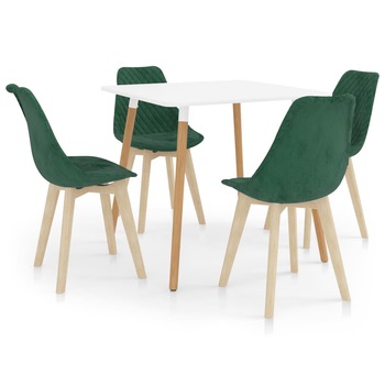 Set de masa de bucatarie cu blat alb si 4 scaune tapitate cu catifea, vidaXL, Catifea, 80 x 80 x 75cm, Verde inchis Set de masa de bucatarie cu blat alb si 4 scaune tapitate cu catifea, vidaXL, Catifea, 80 x 80 x 75cm, Verde inchis