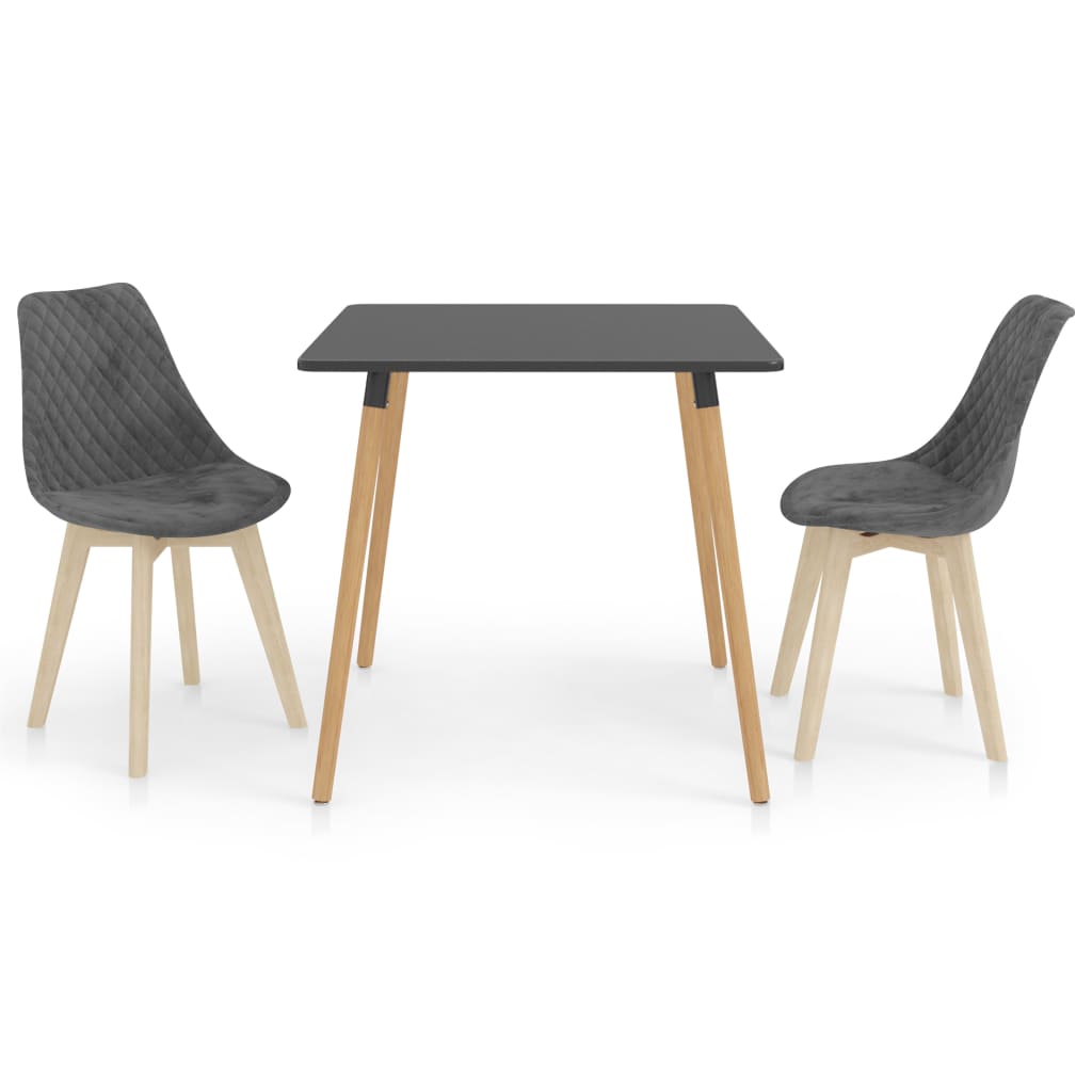 Set de masa de bucatarie cu blat gri si 2 scaune tapitate cu catifea, vidaXL, Catifea, 80 x 80 x 75 cm, Gri