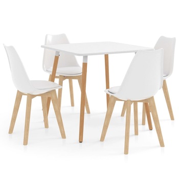 Set de masa de bucatarie cu blat alb si 4 scaune cu sezut tapitat, vidaXL, Piele artificiala, 80 x 80 x 75 cm, Alb