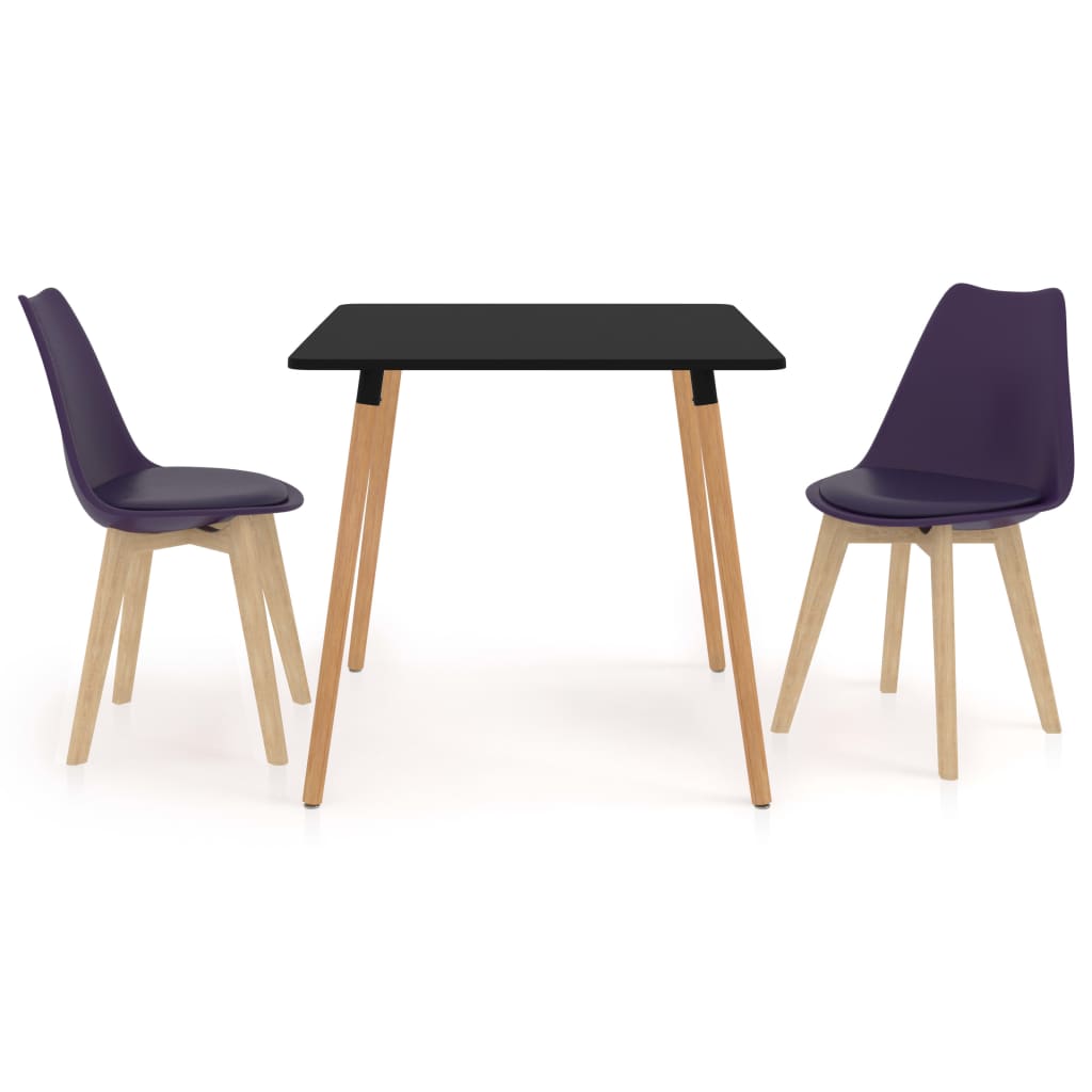 Set de masa de bucatarie cu blat negru si 2 scaune cu sezut tapitat, vidaXL, Piele artificiala, 80 x 80 x 75 cm, Mov