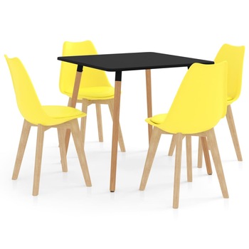 Set de masa de bucatarie cu blat negru si 4 scaune cu sezut tapitat, vidaXL, Piele artificiala, 80 x 80 x 75 cm, Galben