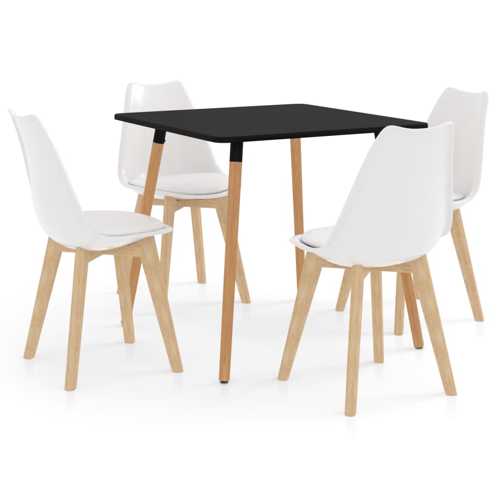 Set de masa de bucatarie cu blat negru si 4 scaune cu sezut tapitat, vidaXL, Piele artificiala, 80 x 80 x 75cm, Alb
