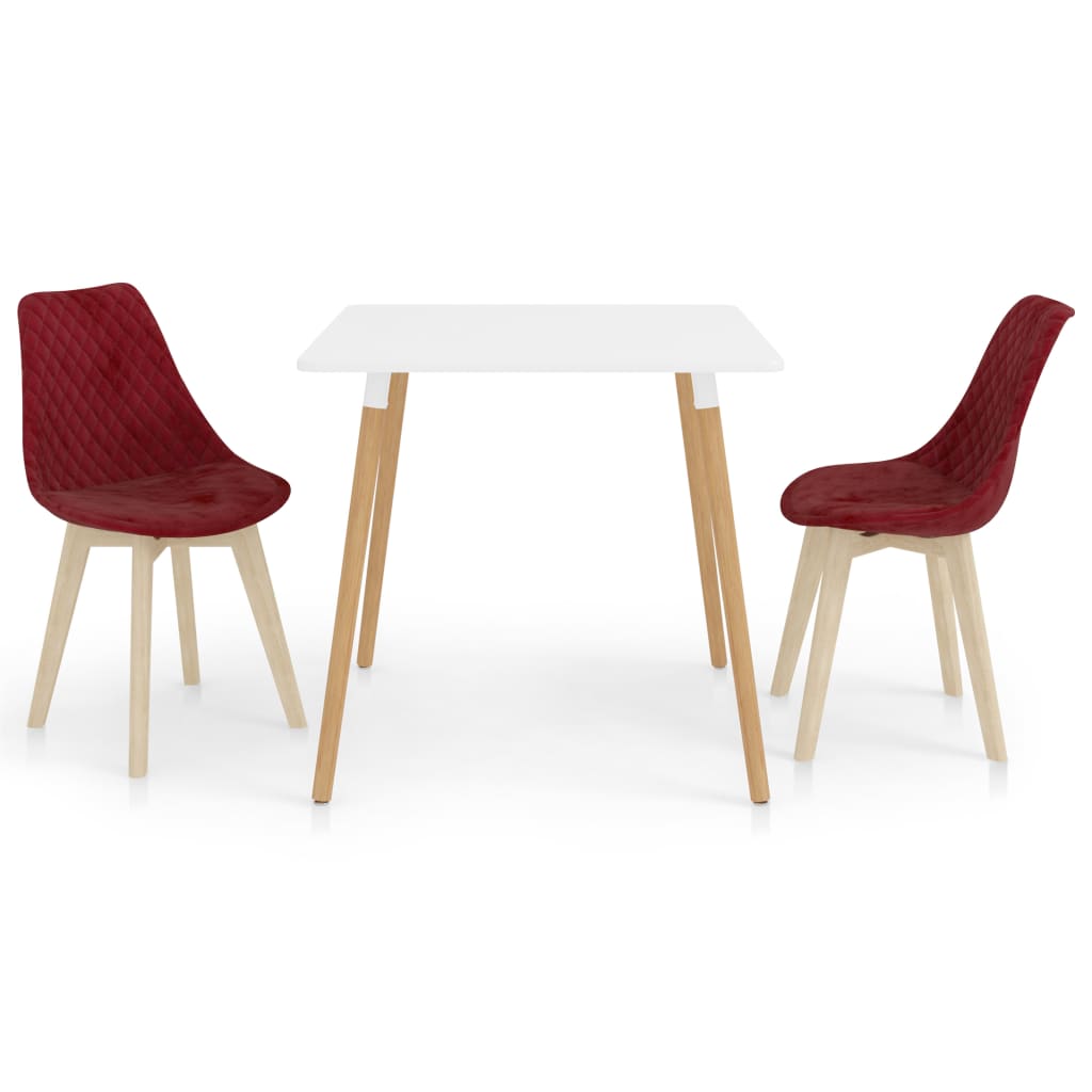 Set de masa de bucatarie cu blat alb si 2 scaune tapitate cu catifea, vidaXL, Catifea, 80 x 80 x 75cm, Rosu bordo